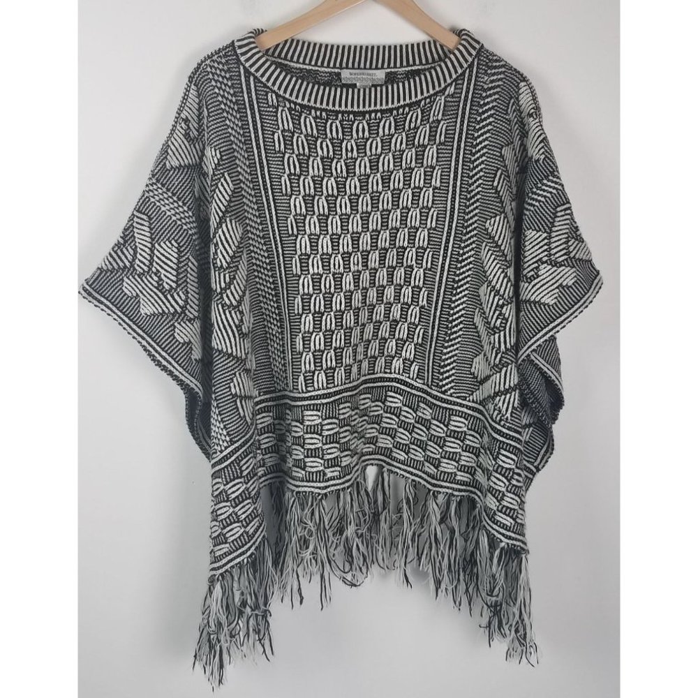 World Market Women's One Size Black & Ivory Woven Knit Fringe Poncho/Cape